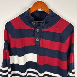 Tommy Hilfiger Mens Striped Quarter Zip Mock Neck Sweater XL Red Navy White
